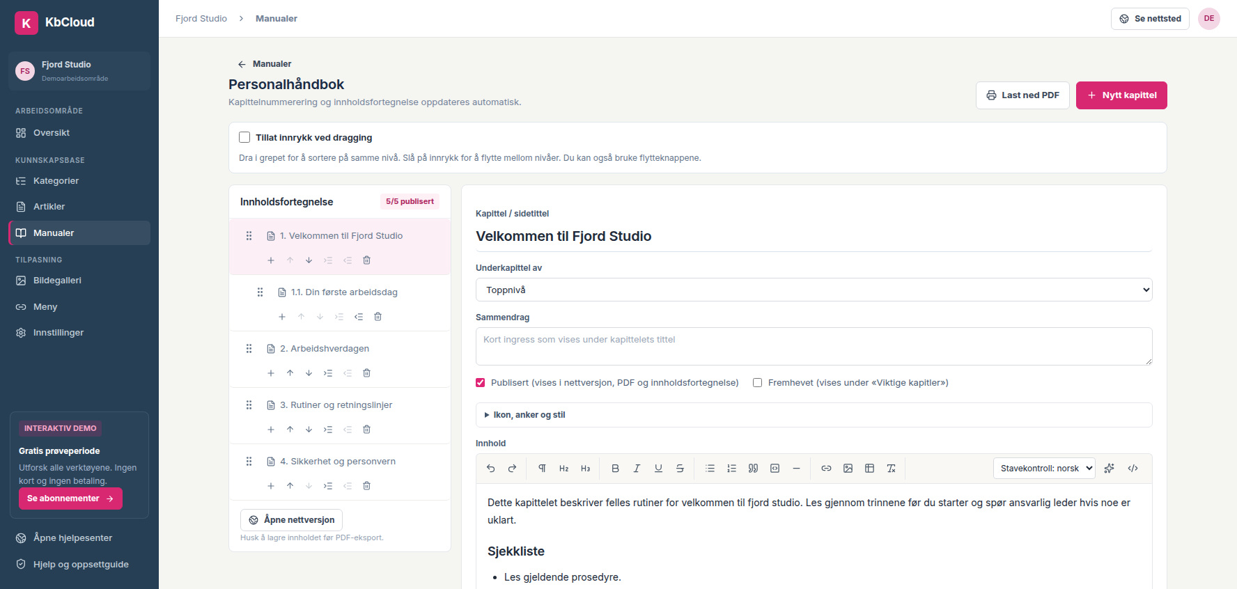 KbCloud-redigereren med manualens kapitteloversikt og innholdsredigering.